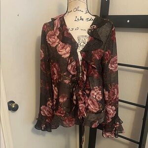 Vintage Floral Design Ruffle Front Tie Sheer Blouse Boho  Whimsical Whimsigoth